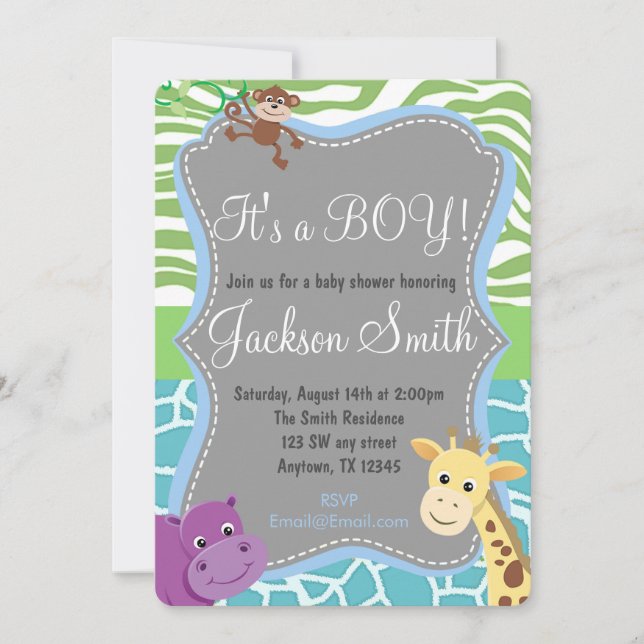 Cute Boy Baby Shower Zoo Animal Inbjudning Inbjudningar (Framsida)