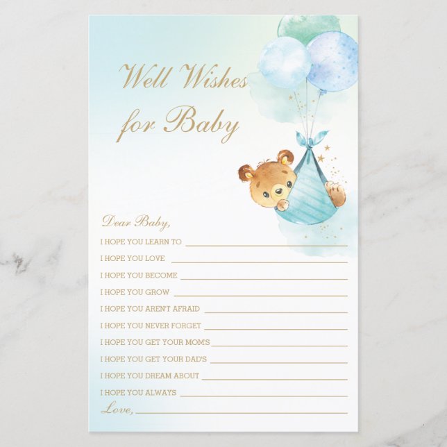 Cute Boy Bear Balloes well Önskemål for Baby Showe (Framsida)