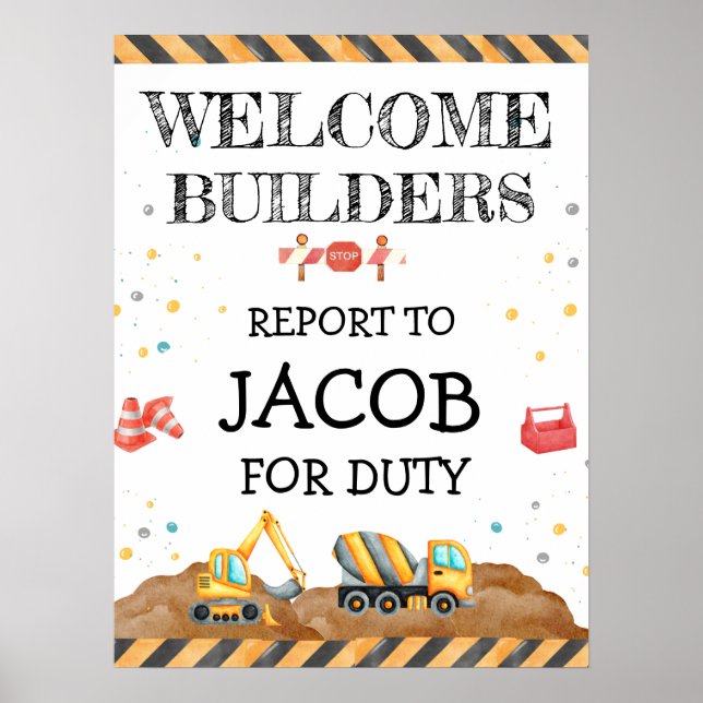 Cute Boy Birthday Construction Fordon Party Poster (Framsidan)