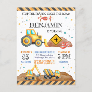 Cute Boy Birthday Construction Fordon Party Vykort