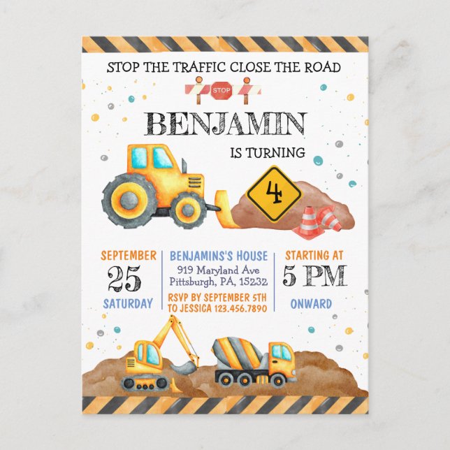 Cute Boy Birthday Construction Fordon Party Vykort (Framsida)