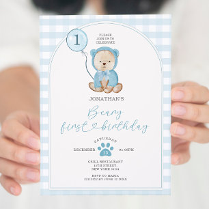 Cute Boy Blue Gingham Balloon Beary First Birthday Inbjudningar