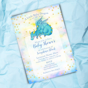 Cute Boy Blue Guld Dragon Baby Shower Inbjudningar