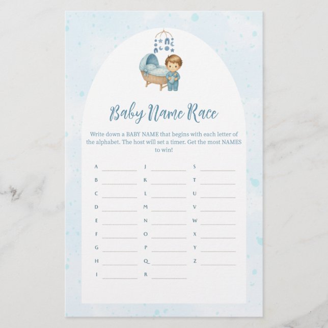 Cute Boy Blue Nursery Baby Shower Namn Tävling Gam (Framsida)