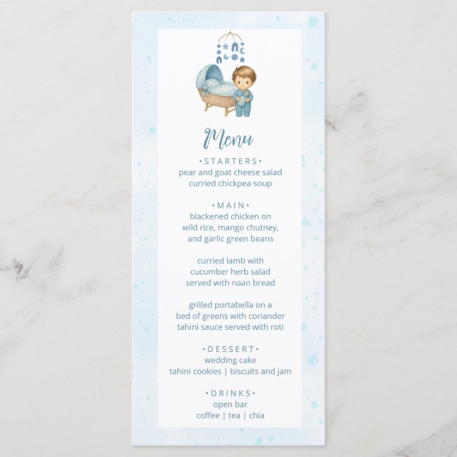 Cute Boy Blue Nursery Baby Shower Party Menu Meny (Framsida)