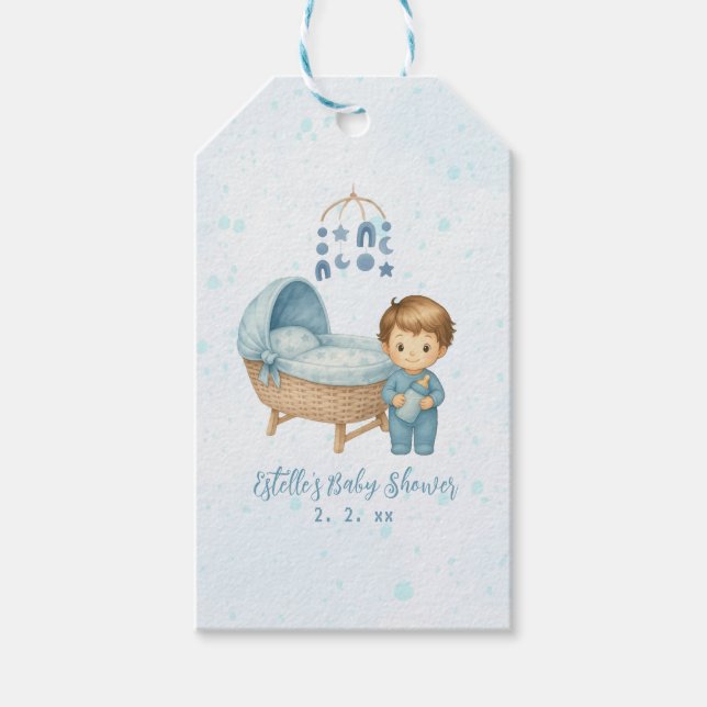 Cute Boy Blue Nursery Baby Shower Presentetikett (Framsidan)