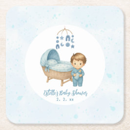 Cute Boy Blue Nursery Baby Shower Underlägg Papper Kvadrat