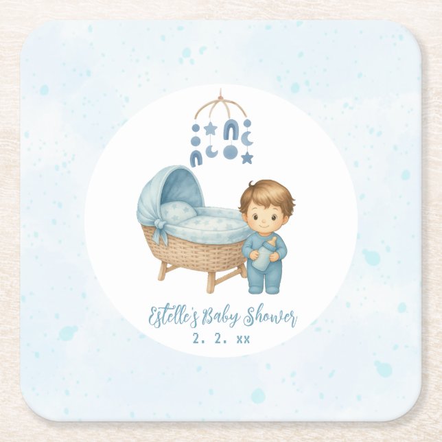 Cute Boy Blue Nursery Baby Shower Underlägg Papper Kvadrat (Framsidan)