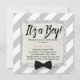 Cute Boy Bow Tie Light Grått Rand Baby Shower Inbjudningar