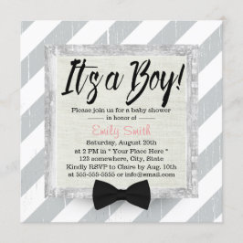 Cute Boy Bow Tie Light Grått Rand Baby Shower Inbjudningar