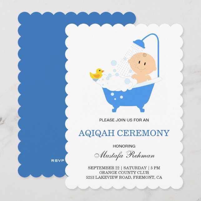 Cute Boy Bubble Bath Aqiqah Inbjudningar (Fram/baksida)