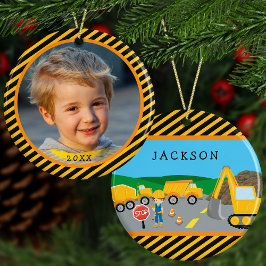 Cute Boy Construction Fordon Kids Photo jul Julgransprydnad Keramik