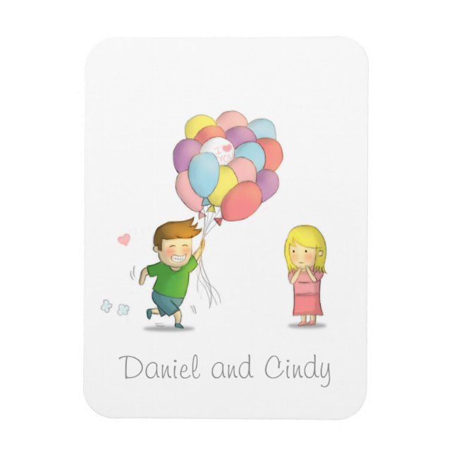 Cute Boy delar sin Kärlek till flicka med ballonge Magnet (Vertikal)