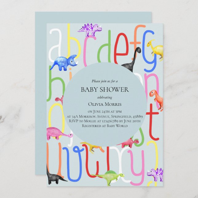 Cute Boy Dinosaur och Alphabet Baby Shower Inbjudningar (Fram/baksida)