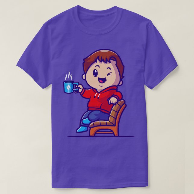 Cute Boy Drink Hett Coffe på stol Tecknad T Shirt (Design framsida)