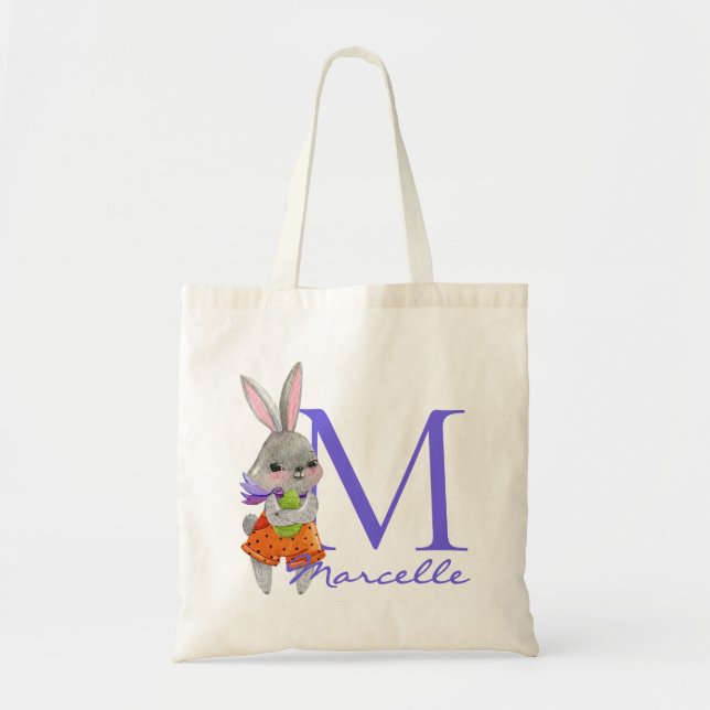 Cute Boy Easter Bunny Initial and Name Tote Bag Tygkasse (Framsidan)