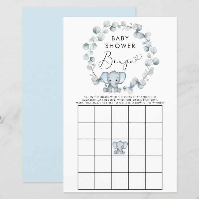 Cute Boy Elephant Baby Bingo Shower Game (Fram/baksida)