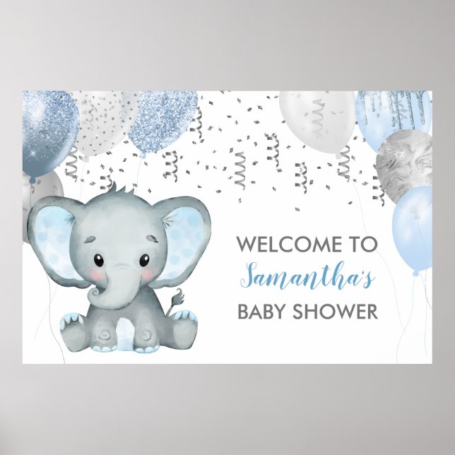 Cute Boy Elephant Balloons Baby Shower Poster (Framsidan)