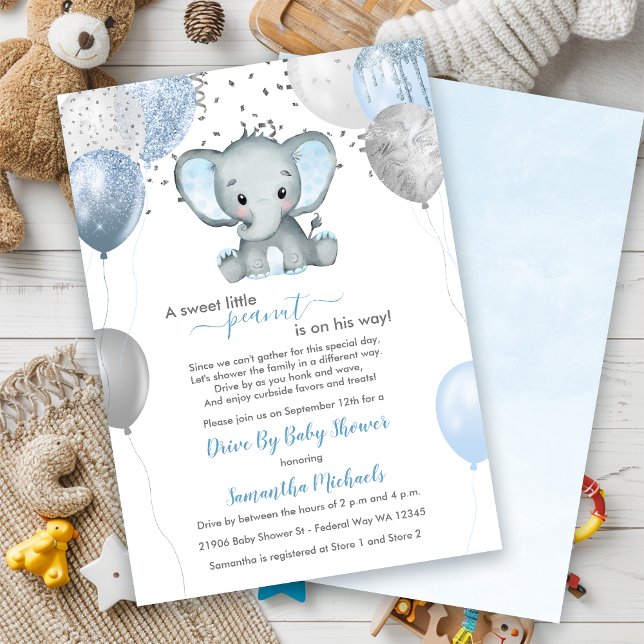 Cute Boy Elephant Balloons Drive by Baby Shower Inbjudningar (Cute Boy Elephant Balloons Drive By Baby Shower Invitation)