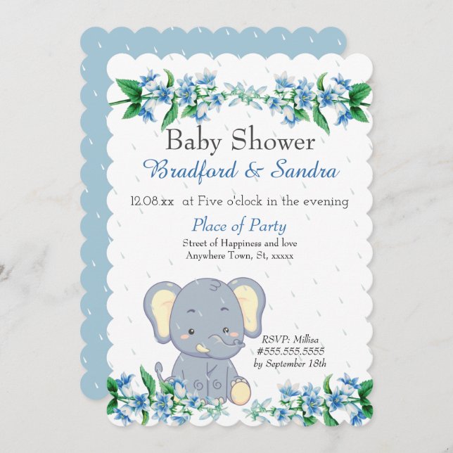 Cute Boy Elephant Blue Blommigt Baby Shower Inbjudningar (Fram/baksida)