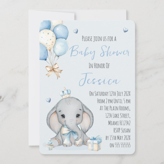 Cute Boy Elephant Prince Baby Shower Invitation Inbjudningar (Framsida)