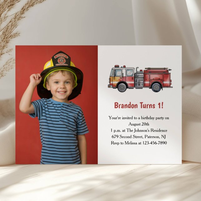 Cute Boy Firefighter Photo Kids 1st Birthday Party Inbjudningar (Skapare uppladdad)