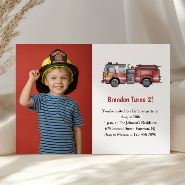 Cute Boy Firefighter Photo Kids 2nd Birthday Party Inbjudningar (Skapare uppladdad)