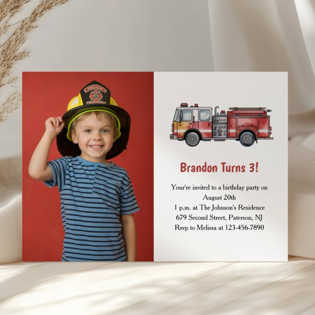 Cute Boy Firefighter Photo Kids 3rd Birthday Party Inbjudningar (Skapare uppladdad)