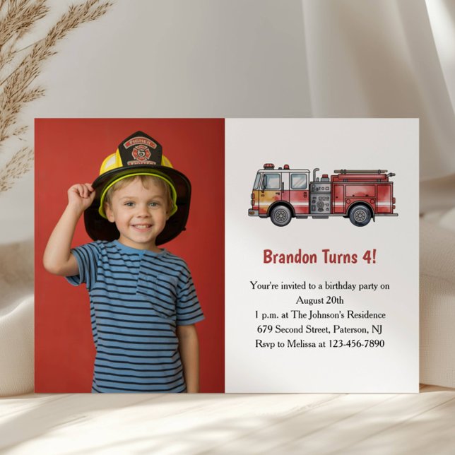 Cute Boy Firefighter Photo Kids 4th Birthday Party Inbjudningar (Skapare uppladdad)