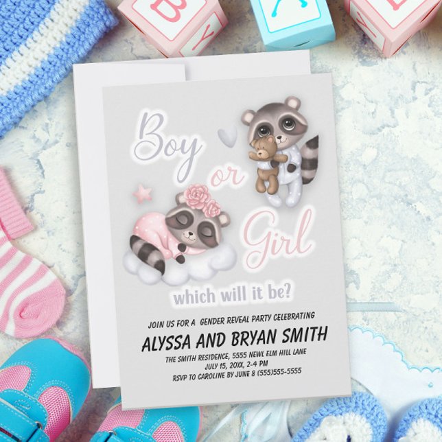 Cute Boy Girl Baby Raccoons Gender Reveal Inbjudningar (Skapare uppladdad)