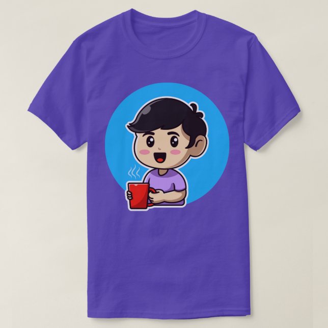 Cute Boy Holding Hett Coffee Tecknad T Shirt (Design framsida)