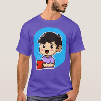 Cute Boy Holding Hett Coffee Tecknad T Shirt