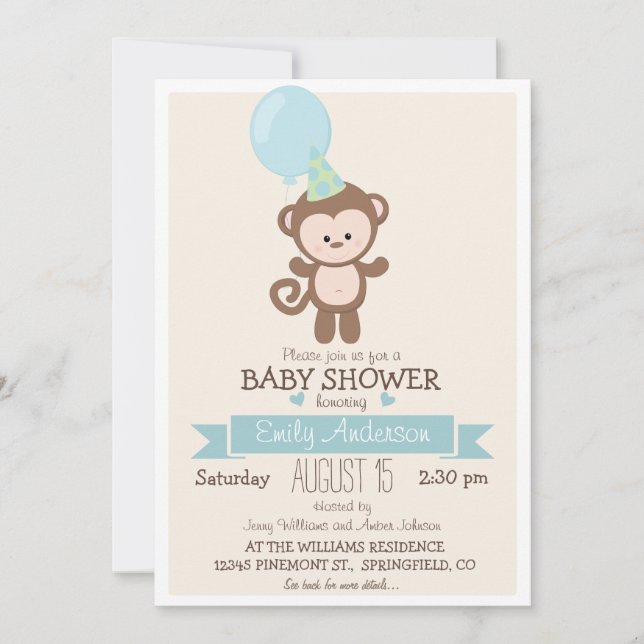 Cute Boy Monkey, Jungle Zoo Animal Baby Shower Inbjudningar (Framsida)