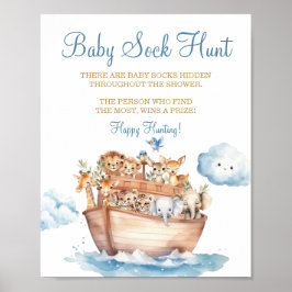 Cute Boy Noahs Ark Baby Shower Baby Sock Hunt Poster