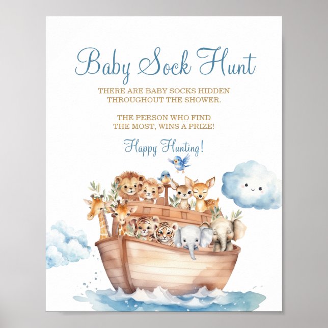 Cute Boy Noahs Ark Baby Shower Baby Sock Hunt Poster (Framsidan)