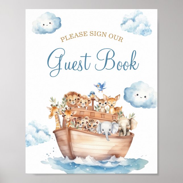 Cute Boy Noahs Ark Baby Shower Guest Bok Poster (Framsidan)