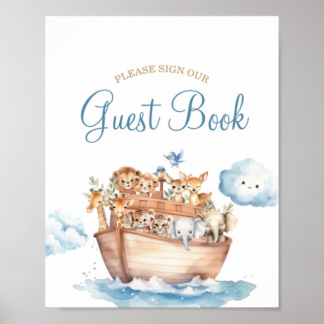 Cute Boy Noahs Ark Baby Shower Guest Bok Poster (Framsidan)