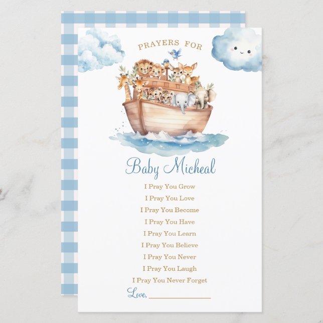Cute Boy Noahs Ark Baby Shower Prayers för Baby (Fram/baksida)