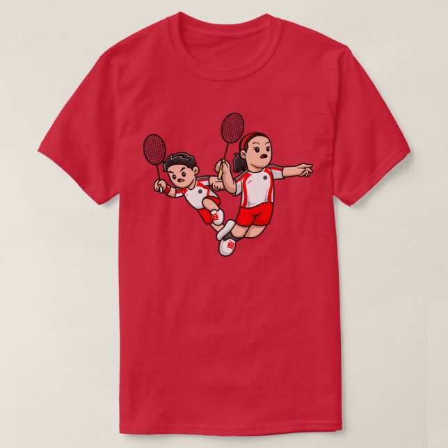 Cute Boy och Girl spelar Badminton Tecknad T Shirt (Design framsida)