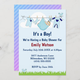 Cute Boy på Clothesline Boho Baby Shower Inbjudningar