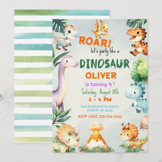 Cute Boy Party som en Dinosaur-födelsedag Inbjudningar (Fram/baksida)