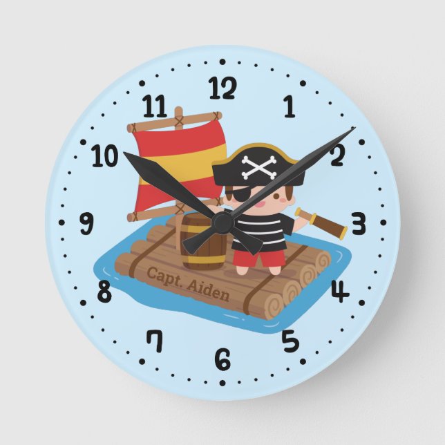Cute Boy Pirat Set Sail Wooden Raft Kids Room Rund Klocka (Framsida)