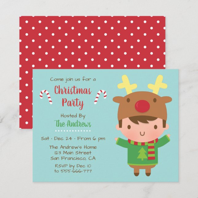 Cute Boy Reindeer Hat-inbjudningar till julpartiet Inbjudningar (Fram/baksida)