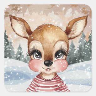 Cute Boy Reindeer med julscen Fyrkantigt Klistermärke