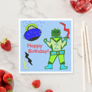 Cute Boy Robot Blue Spaceship Birthday Pappersservett