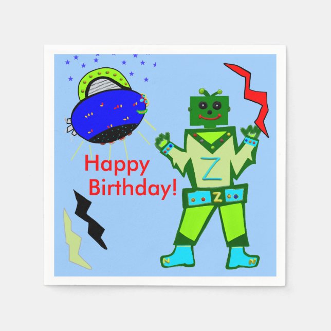 Cute Boy Robot Blue Spaceship Birthday Pappersservett (Framsidan)