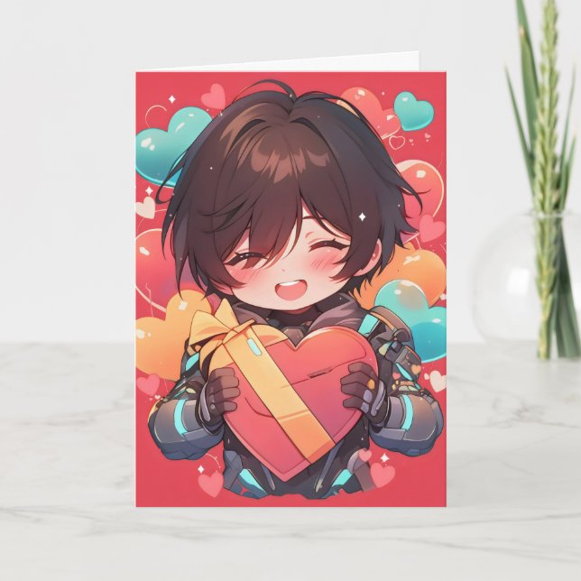 Cute Boy Sci-Fi Anime Kärlek Helgkort (Framsida)