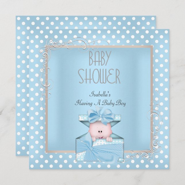 Cute Boy Shower Blue White Polka dots Inbjudningar (Fram/baksida)