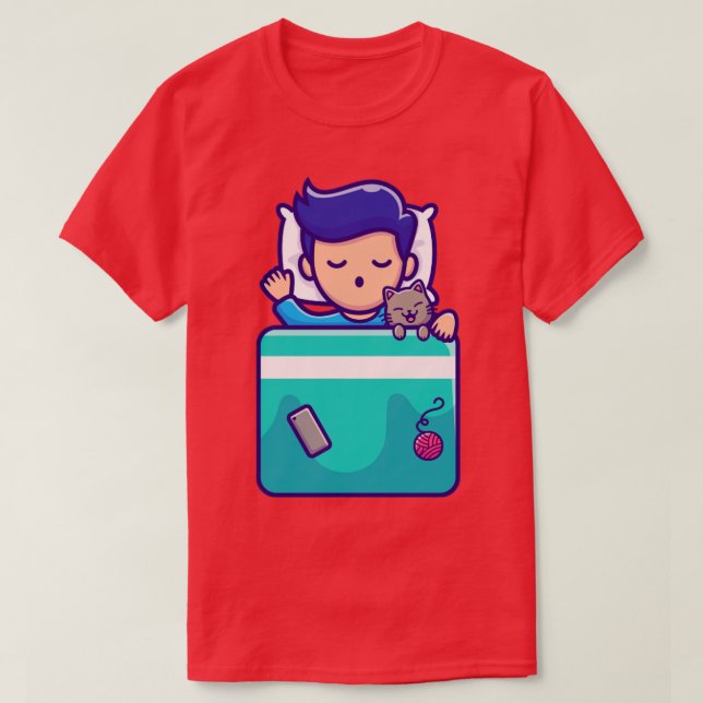 Cute Boy som lämnar med katt Tecknad T Shirt (Design framsida)
