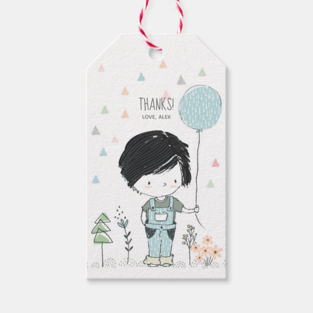 Cute Boy, svart hårfödelsedag Tack märkre Presentetikett (Framsidan)